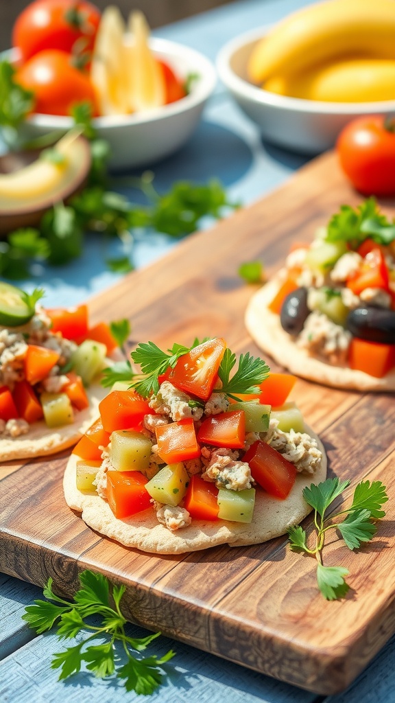 Mediterranean tuna flatbreads topped with fresh vegetables and herbs on a rustic wooden board.